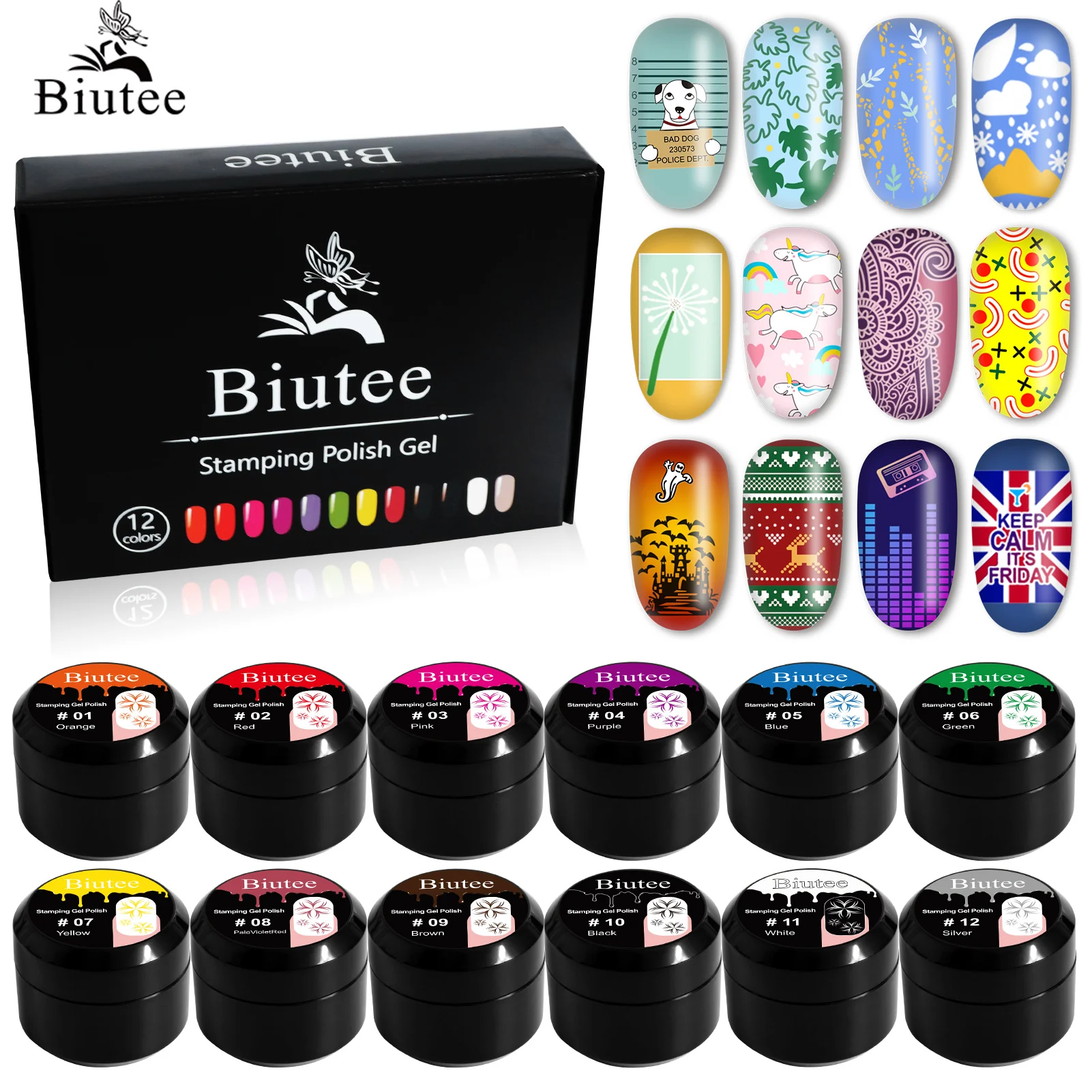 

Biutee 12Color 8ml Nail Stamping Gel Polish White Black Print Nail Polish Stamp Painting Soak Off UV Gel For Nail Art Stamping