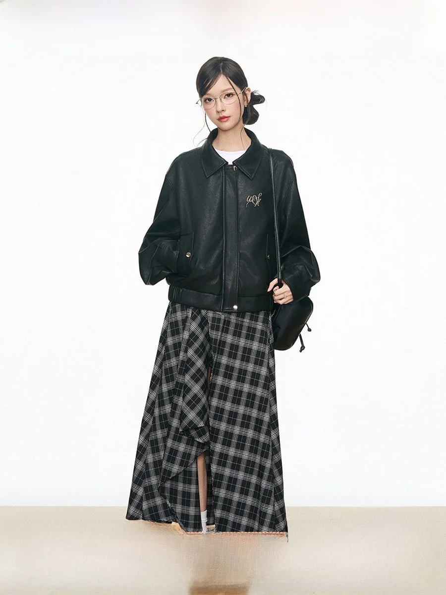 

Комплект Westayone: кожаная куртка и новая длинная юбка в клетку с разрезом, приталенный крой, длинный рукав, на молнии, для офиса