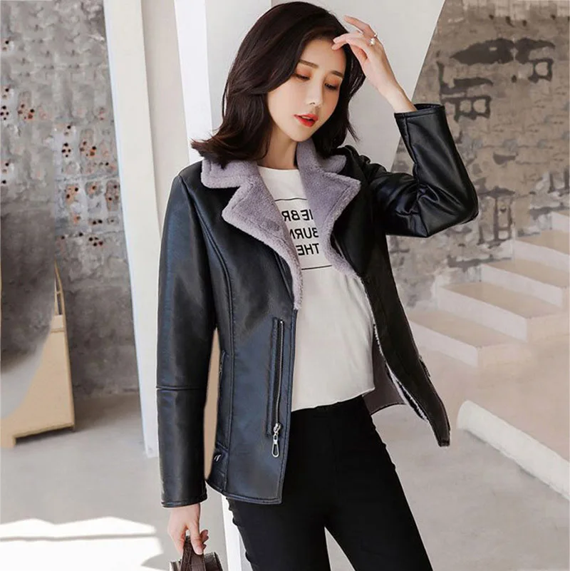 Nueva chaqueta de cuero PU de invierno para mujer, Blazers cortos, abrigo de lana de doble cara, prendas de vestir exteriores de piel, traje ajustado para mujer, chaquetas