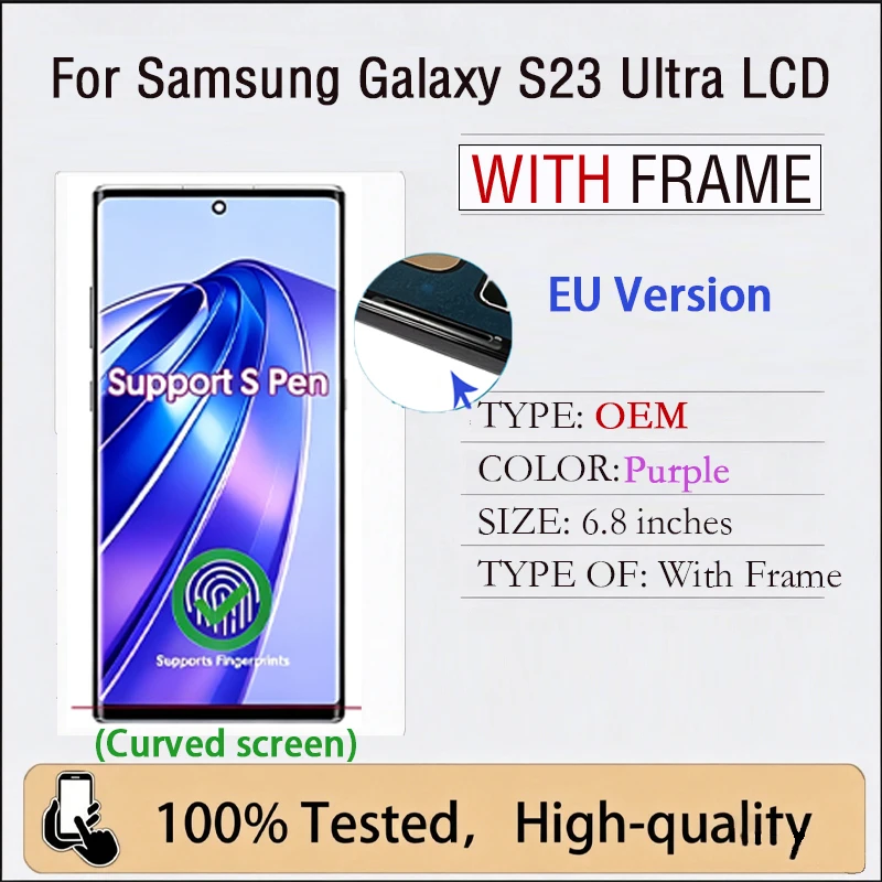 S23U Scherm voor Samsung Galaxy S23 Ultra S918 6.8" Super AMOLED Display Touchscreen Digitizer Assemblage Ondersteunt S Pen Vingerafdruk Onderdelen