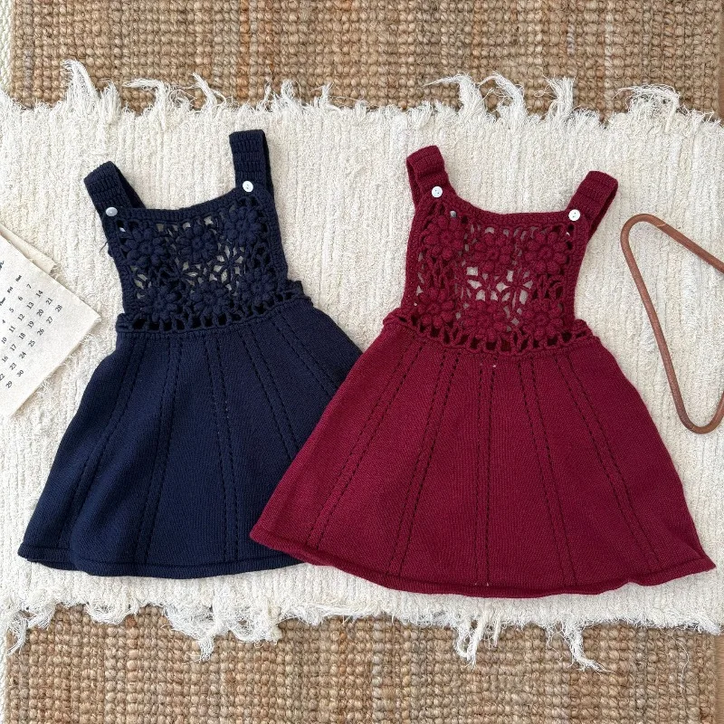 Meninas vestido 2025 outono inverno estilo coreano moda vintage na moda doce bonito flowral sólido clor malha suspender saia