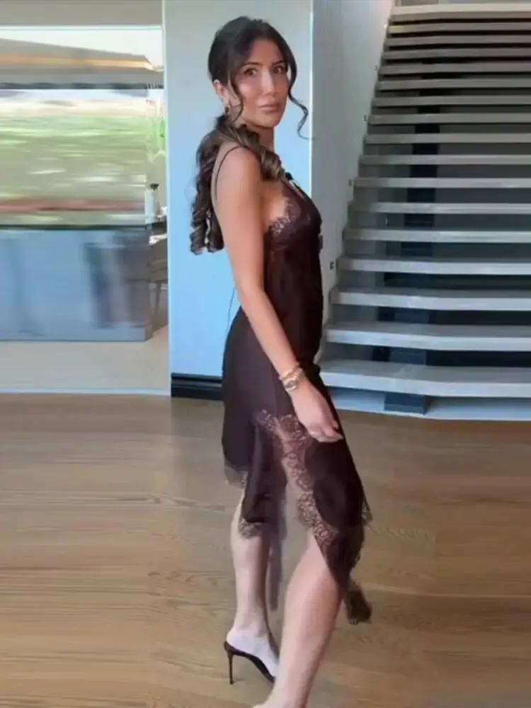 Sexy Sling Satijnen Jurk Vrouwen V-hals Backless Patchwork Kant Vestidos Vrouwelijke 2025 Zomer Chic Mode Avond Jurken