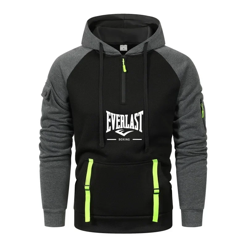 

New autumn and winter men's casual hoodie, outdoor fashionable jogging patchwork fabric windproof and warm men's sportswear