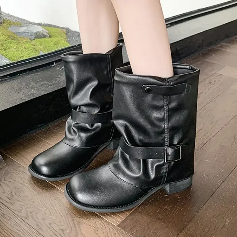 Casual Make Old Pleated Riding Boots Women 2025 Fashion Square Toe Mid Calf Western Boots Sexy Y2K Music Festival Shoes Women