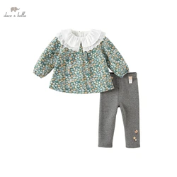 Dave Bella Girls Clothing Sets Winter Warm Girl Flower Print Dress Long Sleeve + Pants Plush 2-piece Suits DB4224423