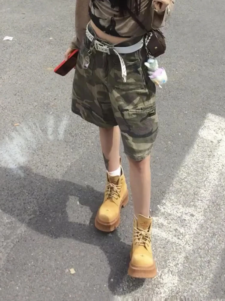 PBAP Retro Camouflage Breite Cargo Hosen Frauen Waschen Hohe Aufstieg Baggy Jorts Lose Beiläufige Knie Lange Denim Shorts Harajuku Streetwear