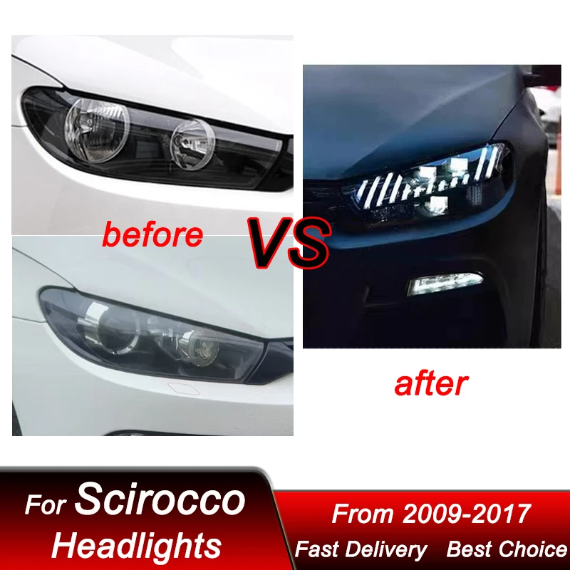 RHD LHD Car Headlights For VW Scirocco 09-17 Upgrade RS Style Full LED Auto Headlamp Assembly Projector Lens Accessories Kit