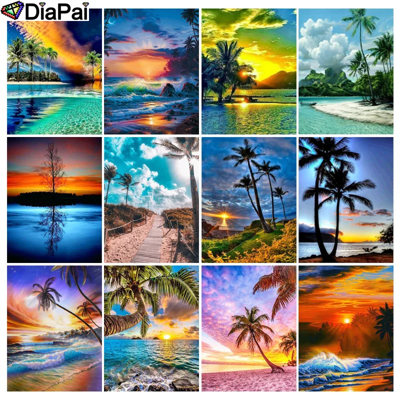 

DIAPAI 5D DIY Diamond Embroidery Full Display "Scenery Beach Tree Sunset" Diamond Painting Square/Round Rhinestones Decor Art