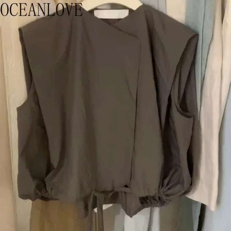 

OCEANLOVE Spring Summer Women Shirts Irregular Sleeveless Korean Fashion Blouses Simple Elegant Casual Short Blusas Mujer