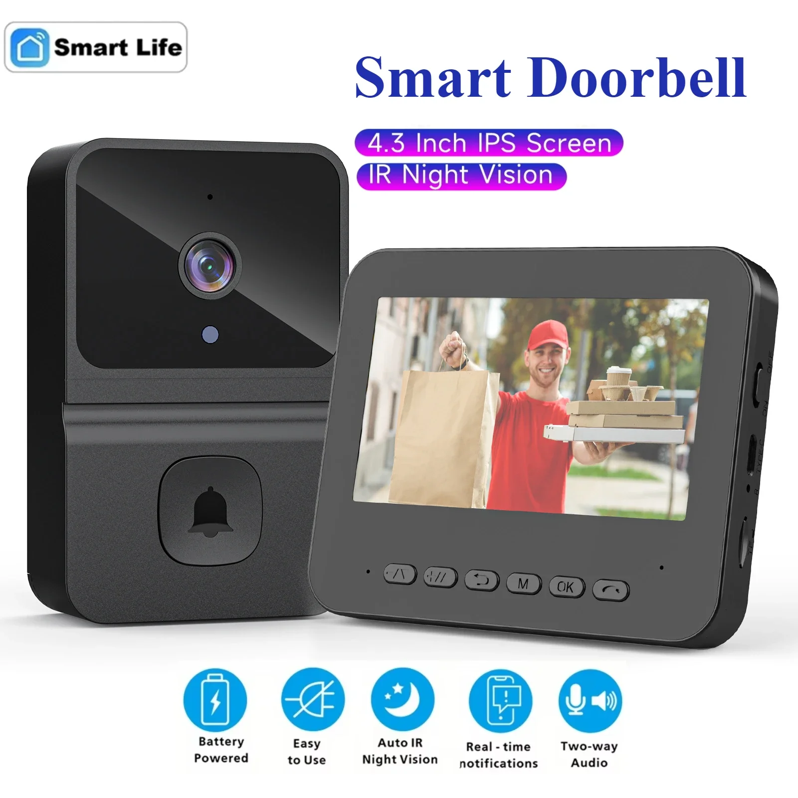 Campanello wireless 2.4G con display da 4,3" e telecamera spioncino digitale impermeabile per visione notturna IR + citofono Smart Home