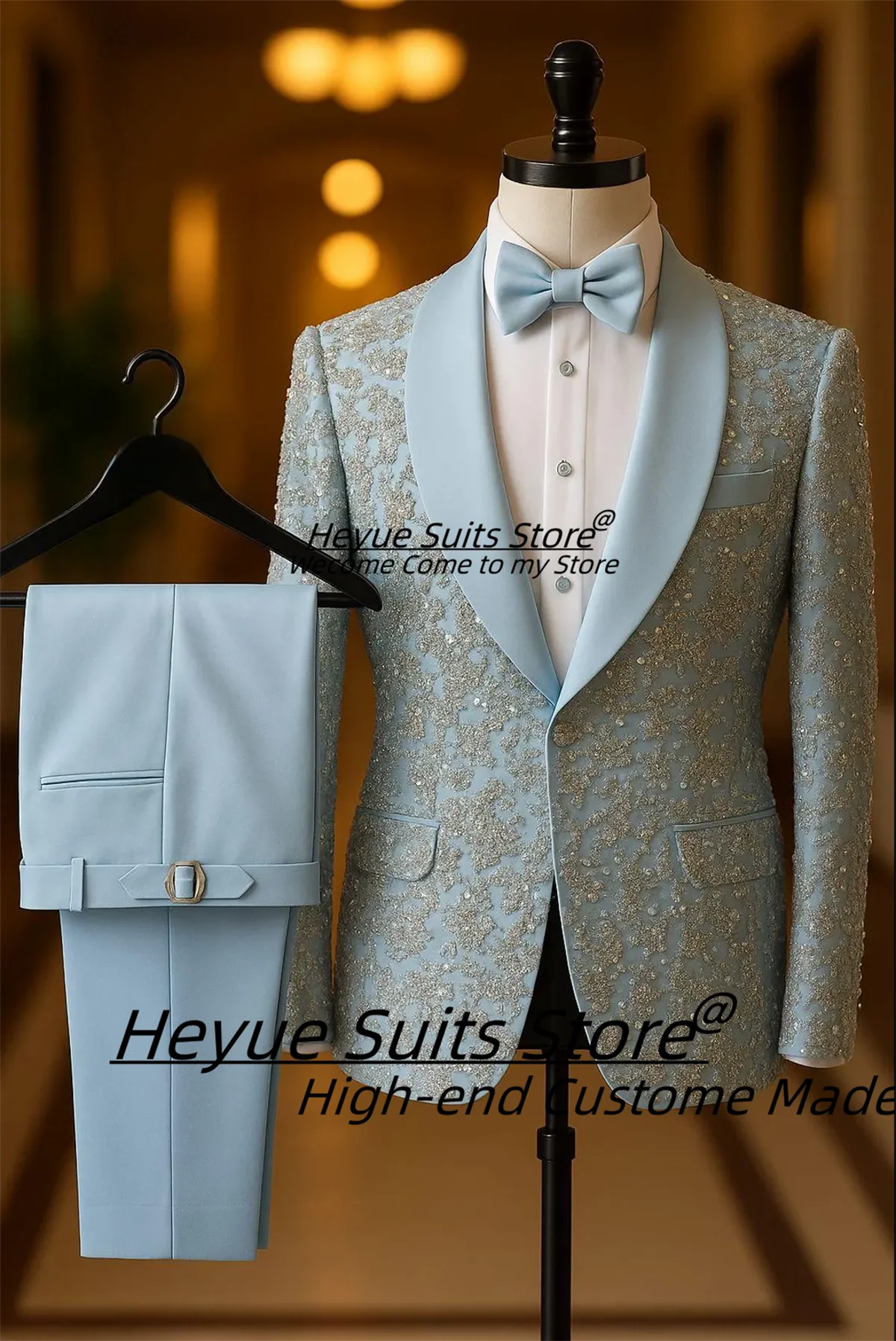 

Luxury Light Blue Diamond Embroidered Men Suits Customized Slim Shawl Lapel Groom Wedding Tuxedos 2 PCS Sets trajes para hombre