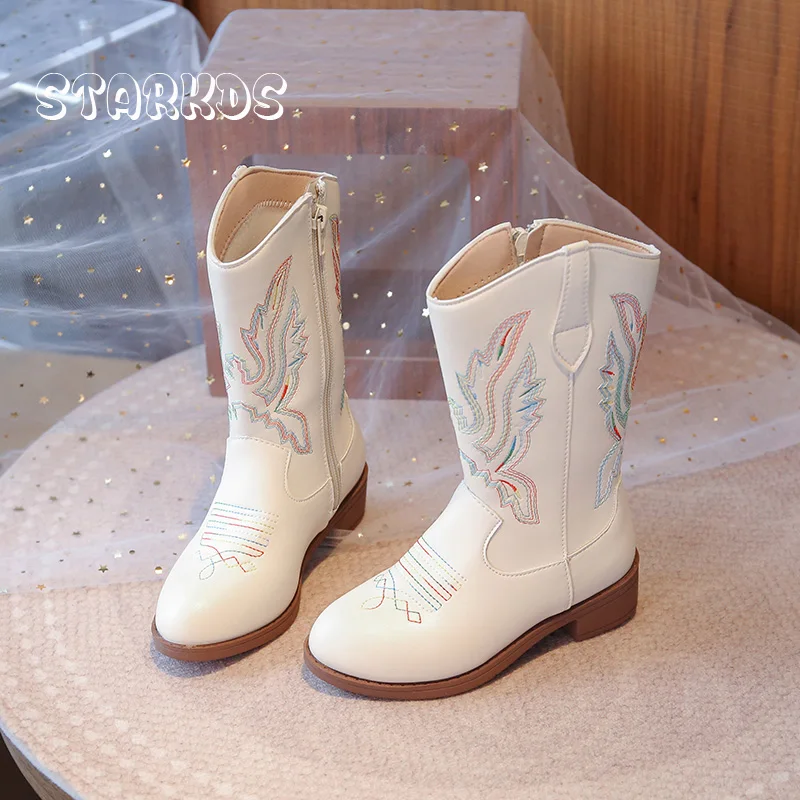 Rainbow Color Embroidered White Leather Western Knee High Boots Kid Girl Side Zip Cowboy Long Booties Child Warm Plush Botas
