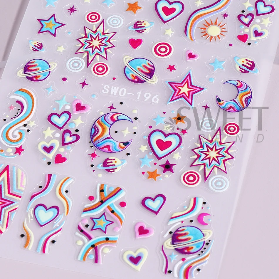 2 Stück Y2K Bunte Planeten-Stern-Herz-Nagelaufkleber Regenbogen-Mond-Galaxie Selbstklebende Nagelsticker DIY Maniküre-Dekoration Slider – Detail 7
