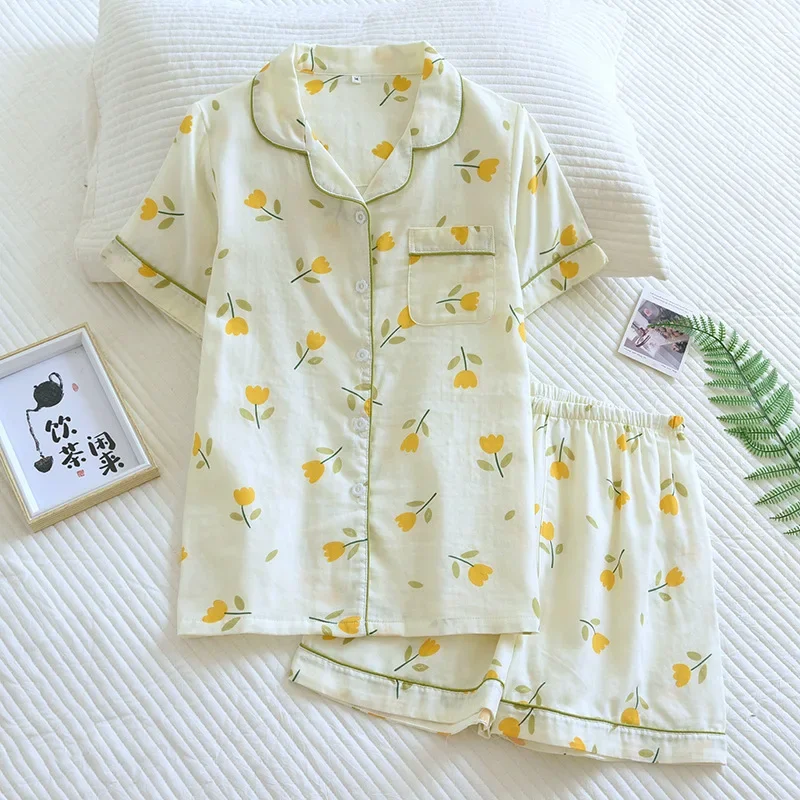 Japanese spring and summer pajamas ladies 100% cotton gauze thin section loose Korean version of home clothes short sleeve short