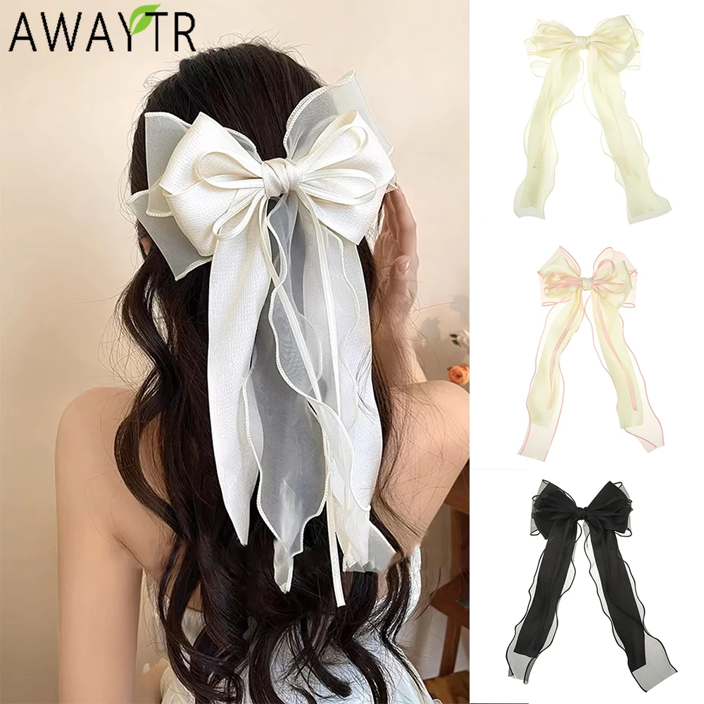 AWAYTR Elegant Chiffon Bowknot Hairpin Farbic Hair Clips Valentine Headwear Girl Hair Accessories Festival Gift