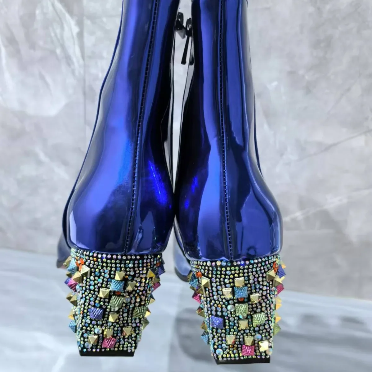 European and American Shiny Leather Blue Rhinestone Heel High-Heeled Men's Boots with Raised Leather Short Boots for Men