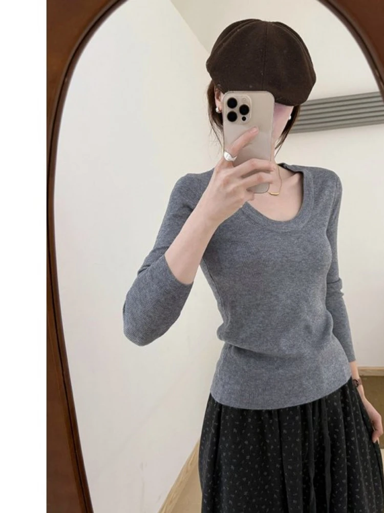 

Purple Knitted Long Sleeve U-Neck Base Shirt Women's Sweater Early Spring 2026 Slim Fit Inner Wear Elegant Top