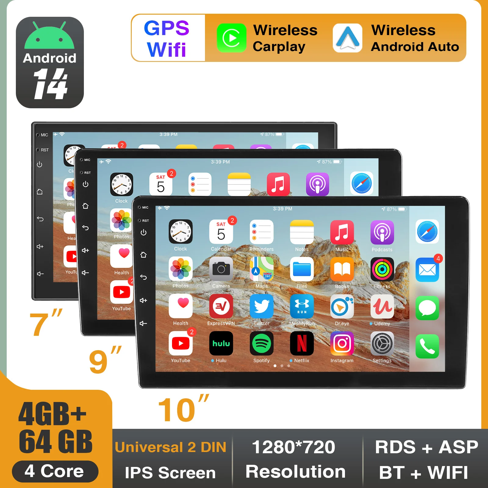 Android 14 2 DIN Car Stereo – 4+64G GPS Navi CarPlay & Android Auto Touchscreen