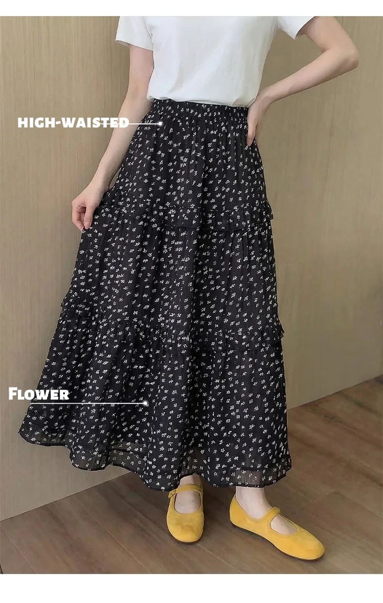 Women’s Floral Midi Skirt: Lightweight, Breathable, Plus Size, Hip-Hiding, Slimming, A-line, Flowy, Voluminous, Tiered Skirt