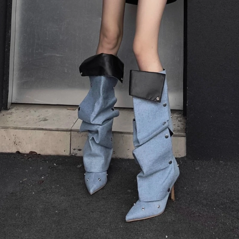 

2025 European and American New Style Women's Pointed-Toe Leather Boots, Large Size Mid-Calf Fashion Boots