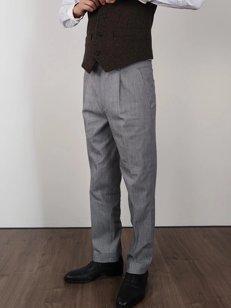 

Naples Pure Cotton Denim Fabric Slim Straight Paris Button Adjustable Waist Men's West Pants Casual Busin Sle Long Pants