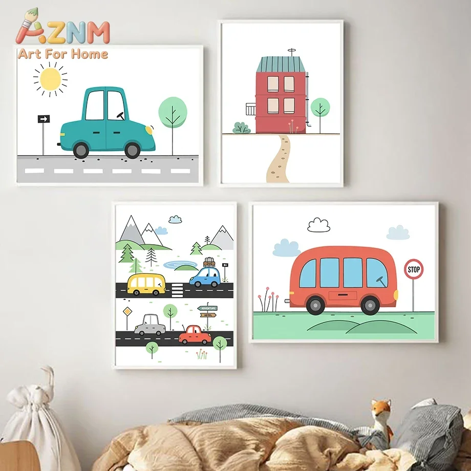 AZNM Cartoon Car Bus House Canvas Poster Transportation Kids Wall Art Print Nursery Bedroom Home Decor Unframed Painting