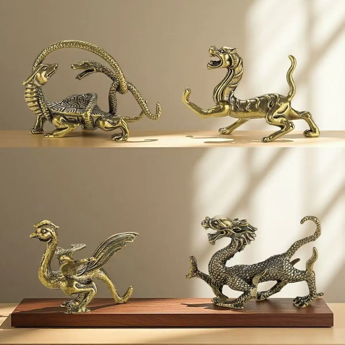Retro Solid Brass Feng Shui Ornaments Ancient Four Divine Beasts Statue Home Office Desktop Figurines Lucky Xmas FengShui Gifts