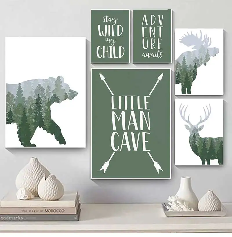Deer Bear Moose Green Woodland Quote Nursery Wall Art Canvas Painting Nordic Posters And Prints Picture For Kids Room Decor