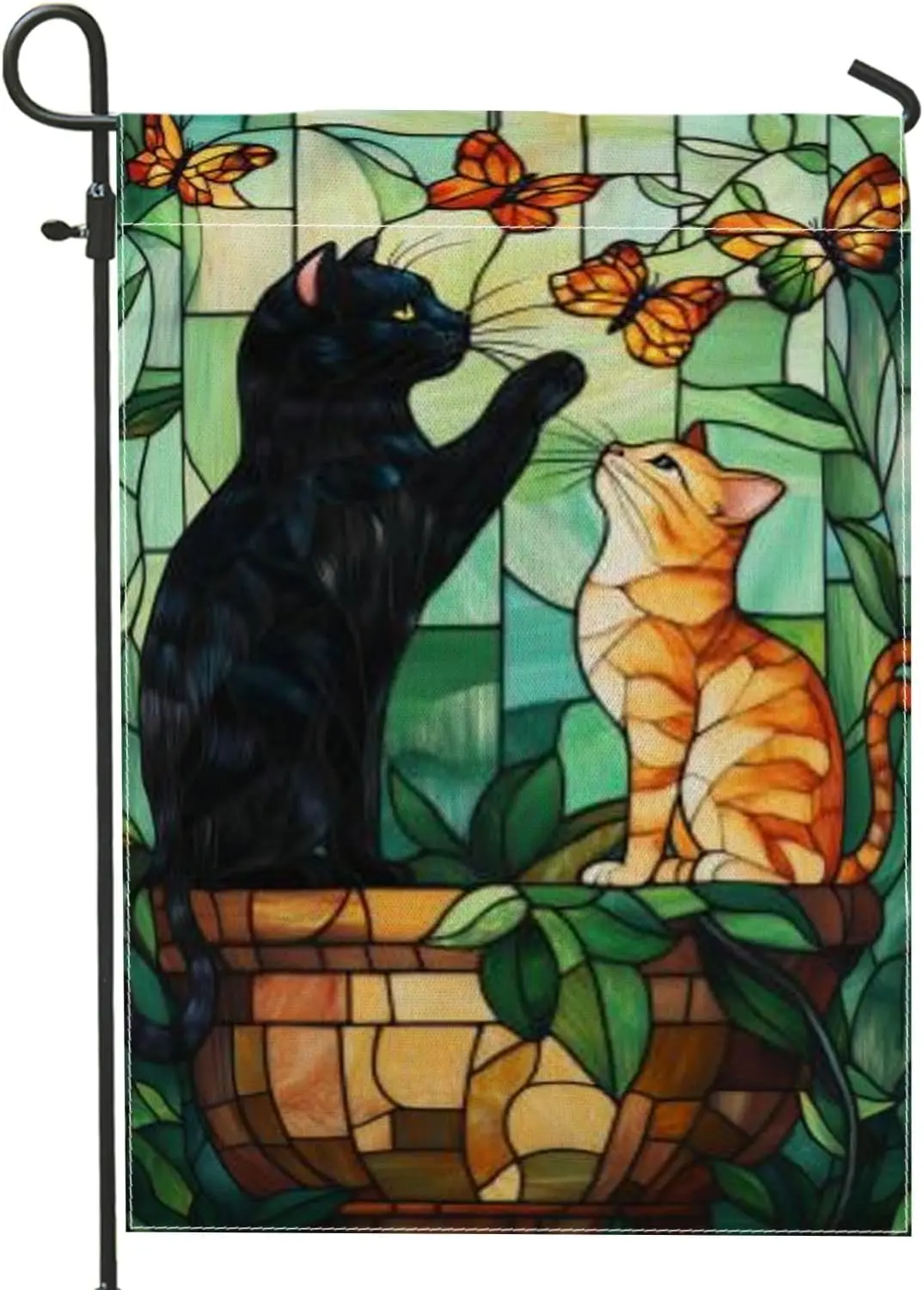 Cats Garden Flag, Artistic Nature Butterflies Leaves Spring Green Double Sided Burlap Decorative Outside Flags for Outdoor F AAM