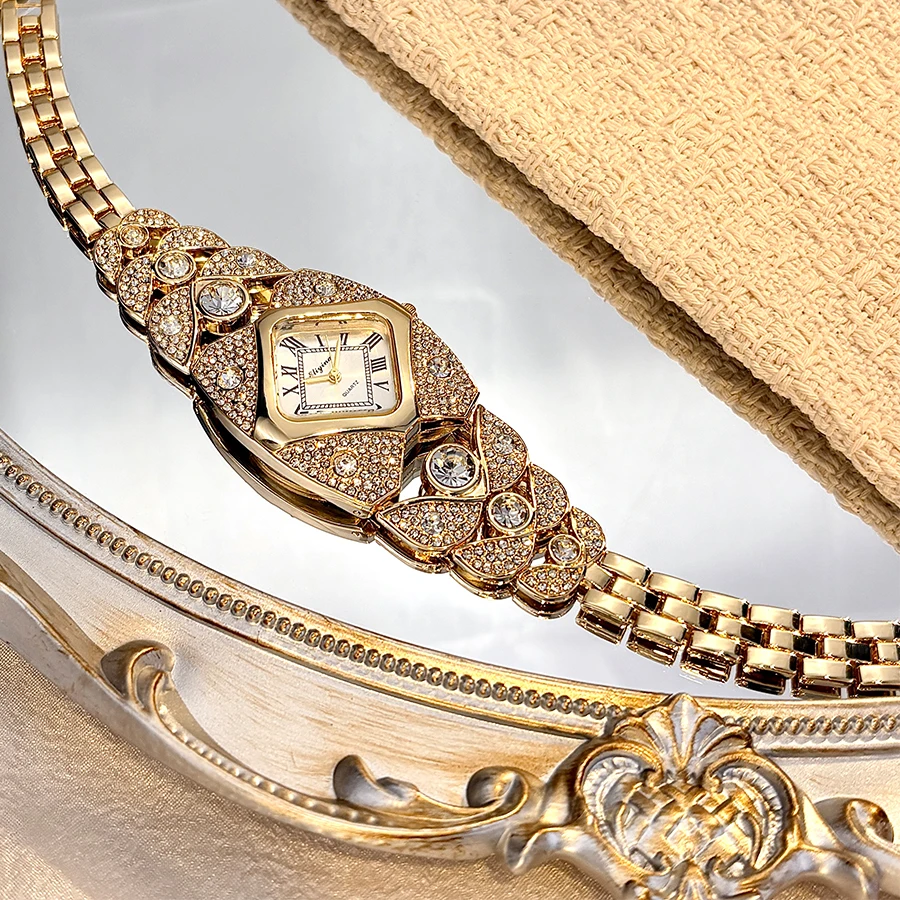 Vintage Full Diamond-Embellished Women's Watch with Diamond-Shaped Face & Intricate Gold Bracelet