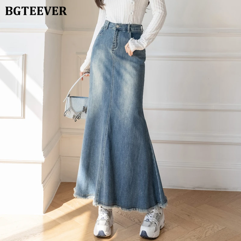 BGTEEVER Stylish Long Mermaid Denim Skirts for Women Fashion High Waists Button Tassel Hem Jeans Skirts Female