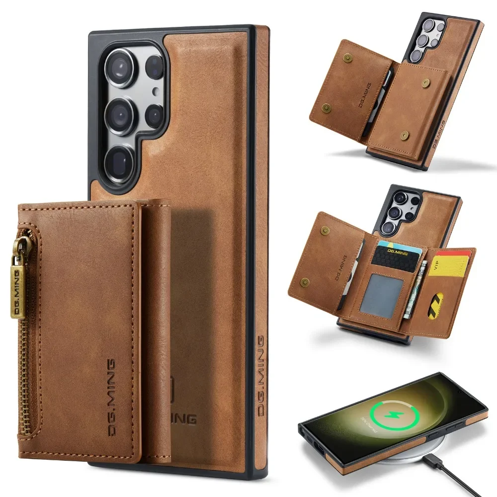 2 In 1 Detachable Magnetic Leather Wallet Phone Case For Samsung Galaxy S23 FE S24 S22 Plus S21 Ultra Zipper Card Holder Cover