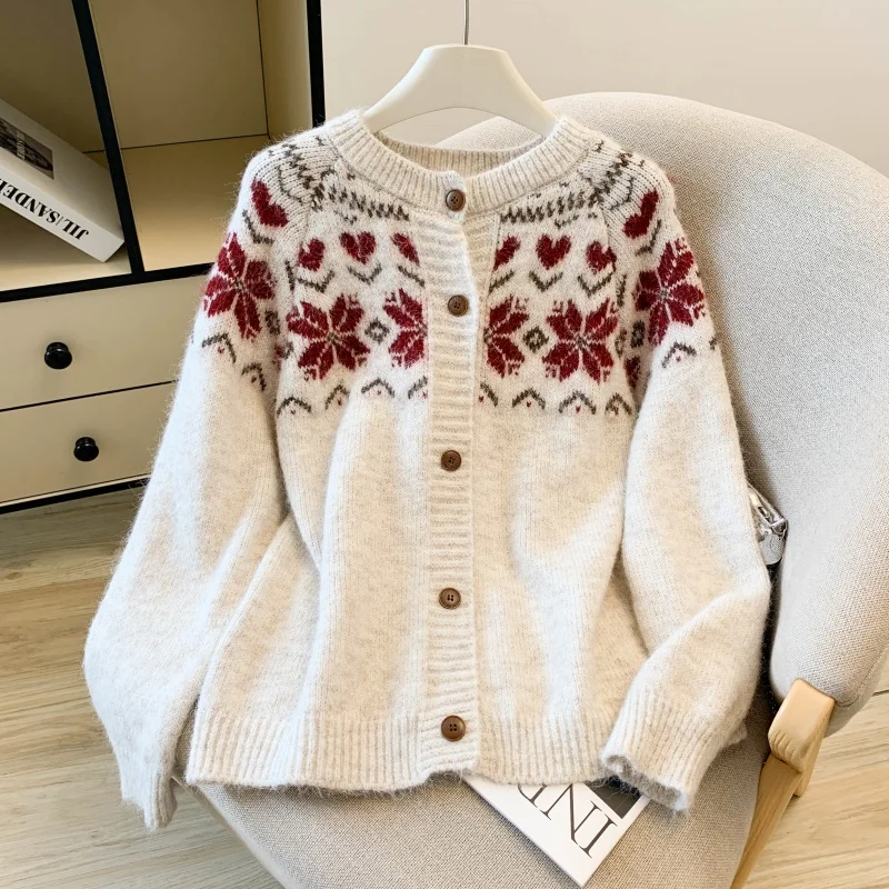 Women Apricot O-Neck Fair Isle Cardigan Japanese Sweater Vintage 2000s Y2k Jumper Knit Long Sleeves Cashmere Sweater Winter 2025