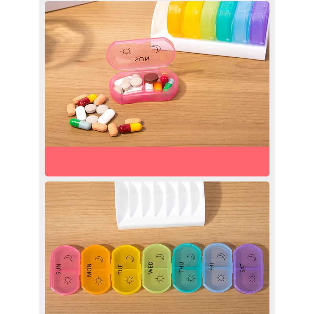 2Pcs Colorful Mini Pill Organizer Weekly Medicine Storage Tray 7 Days 2 Compartments Each Lightweight Portable Travel Supplement