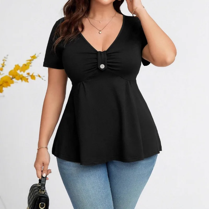 Women's V-Neck Peplum Top with Button Detail Elegant Short Sleeve Blouse