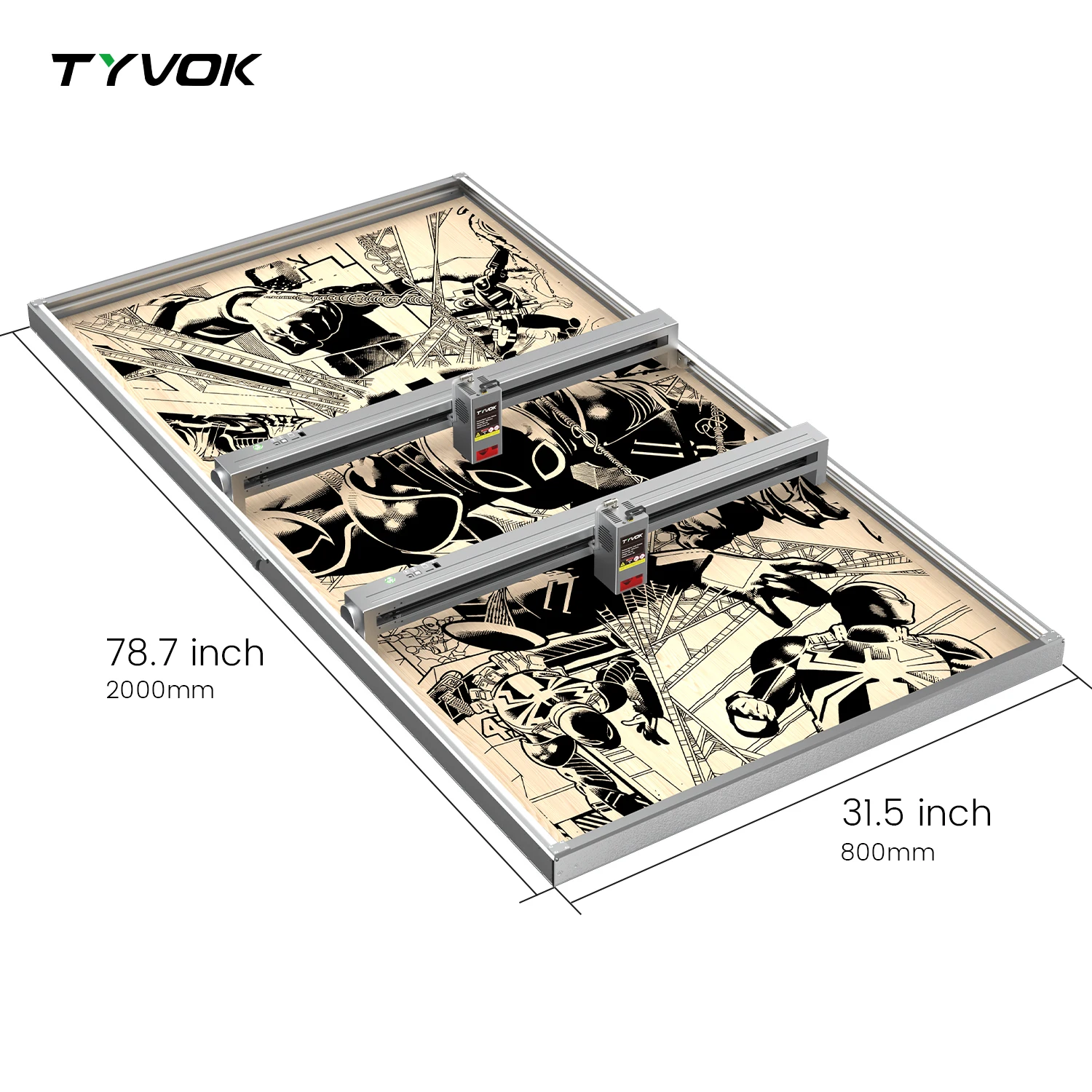 

Лазерный гравер Tyvok X1S Pro 800×2000 мм (31,5"×78,7") Диодный лазерный гравировальный резак · Массивная рабочая зона · Plug & Play Wood