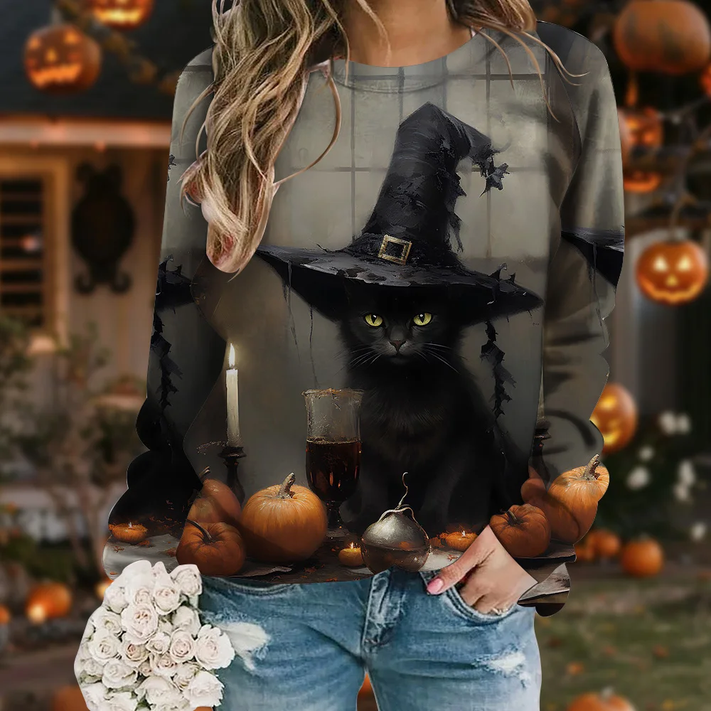 Spersonalizowany nadruk kota Halloween O-neck Top damski na jesień i zimę Casual Daily Wygodna bluza z długim rękawem