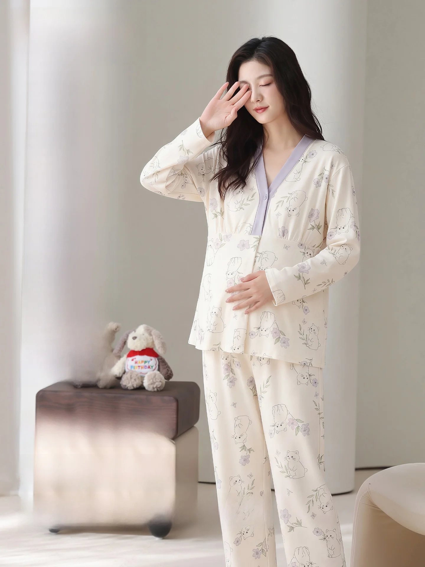pregnant-women-sleepwear-with-chest-pad-summer-thin-home-clothes-pure-cotton-postpartum-nursing-maternity-clothing-v-neck-lon