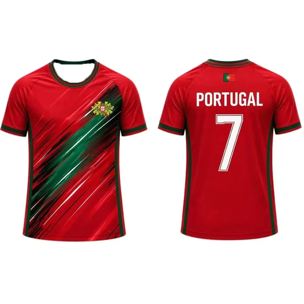 Camiseta de Fútbol de Portugal 2026 con Estampado de Rayas Estilo Pincelada, Estilo Familiar para Hombre y Mujer, Transpirable y de Secado Rápido para Entrenamiento