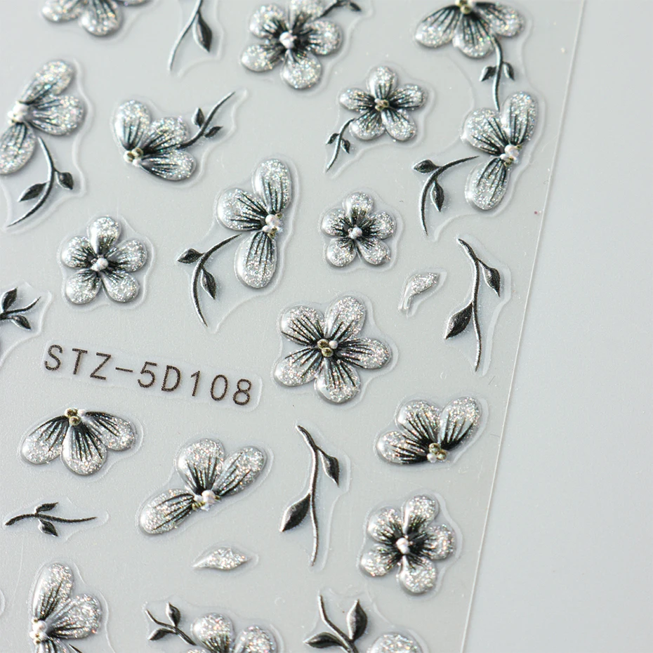 5d em relevo preto glitter flor arte do prego adesivos florescendo design floral decalques de unhas auto-adesivo silder diy manicure suprimentos