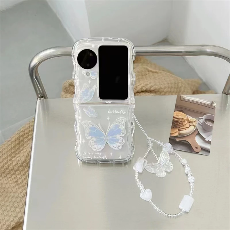 For Oppo Find N2 Flip Find N3 Flip Unique Elegant Butterfly Crystal Heart Pearl Chain Wrist Strap Wave Phone Case Cover