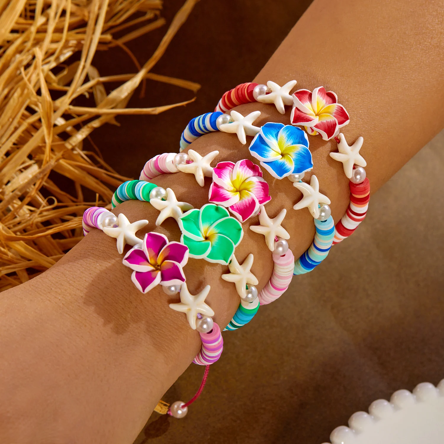 Bohemian Colorful Flower Starfish Charm Bracelets For Women Pink Red Blue Flowers Soft Clay Pottery Beaded Bangles Beach Jewelry