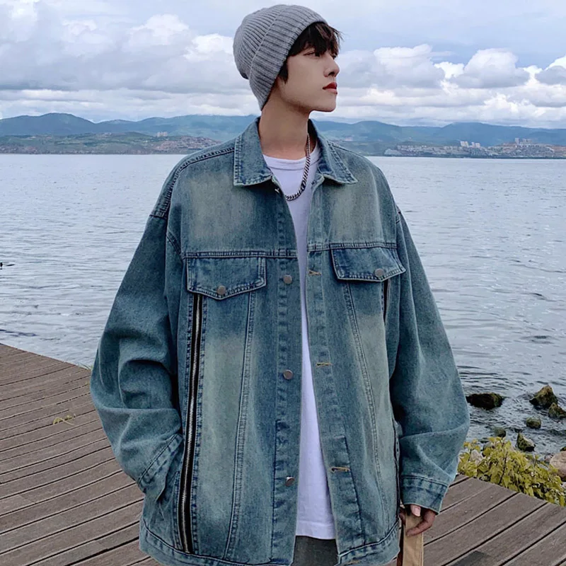 

Ретро-японская мужская рабочая джинсовая куртка с отложным воротником для весны и осени, стильная и элегантная, однотонная.