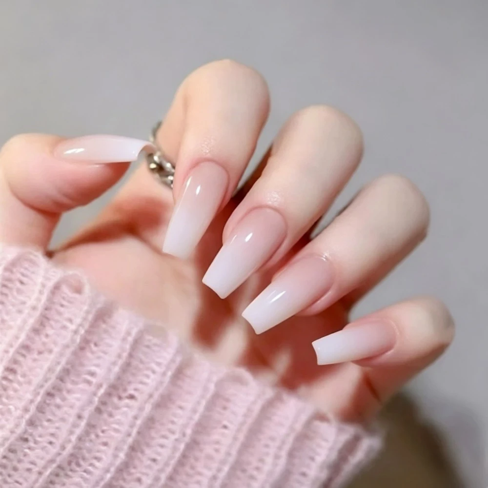 24pcs/Box Long Coffin False Nails Art Rose with Glue Wearable Nude Pink White Color Jelly Nails Tips Full Cover Press on Nails view 2