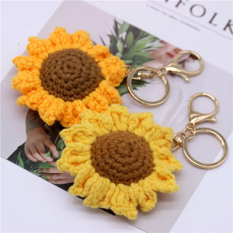 Creative Handmade Knitted Sunflower Keychain Keyring For Women Girl Cute Crocheted Flower Pendant Car Key Ring Handbag Gifts New