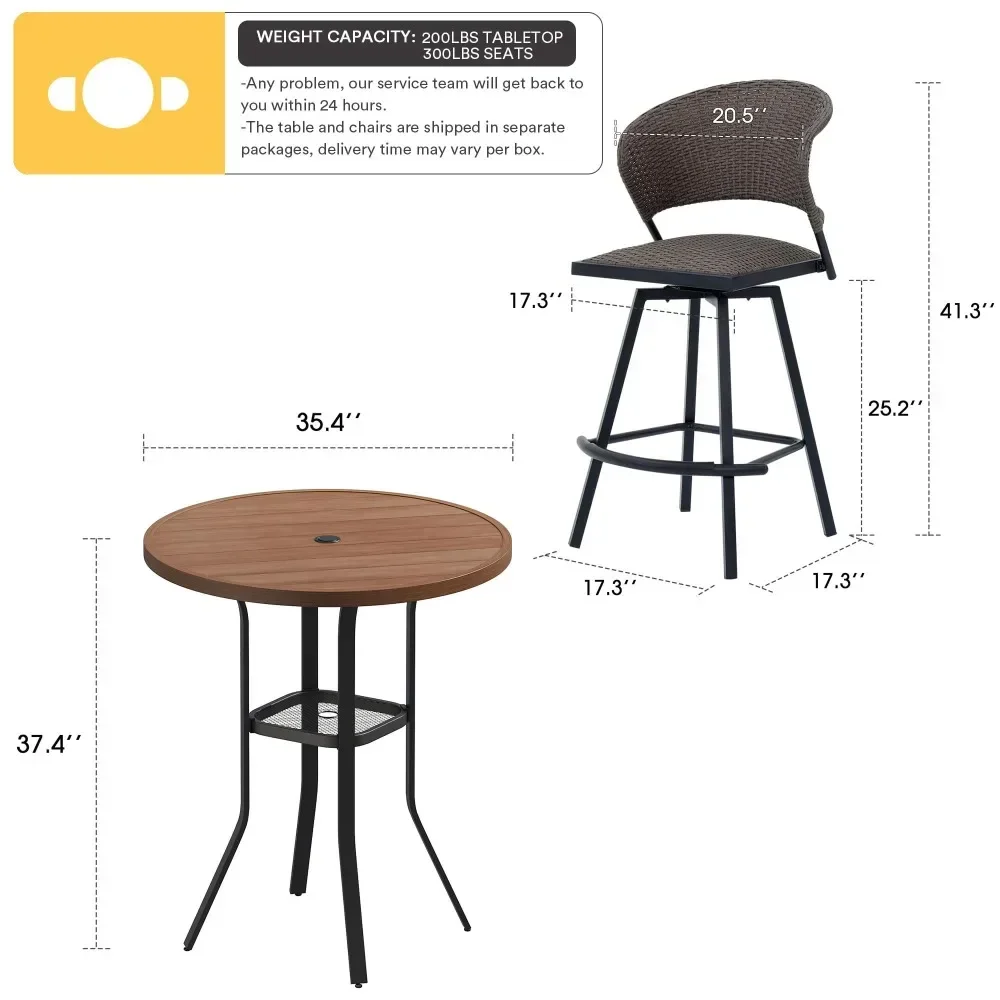 3 Pieces Patio Bar Set for Lawn Garden, 35.5