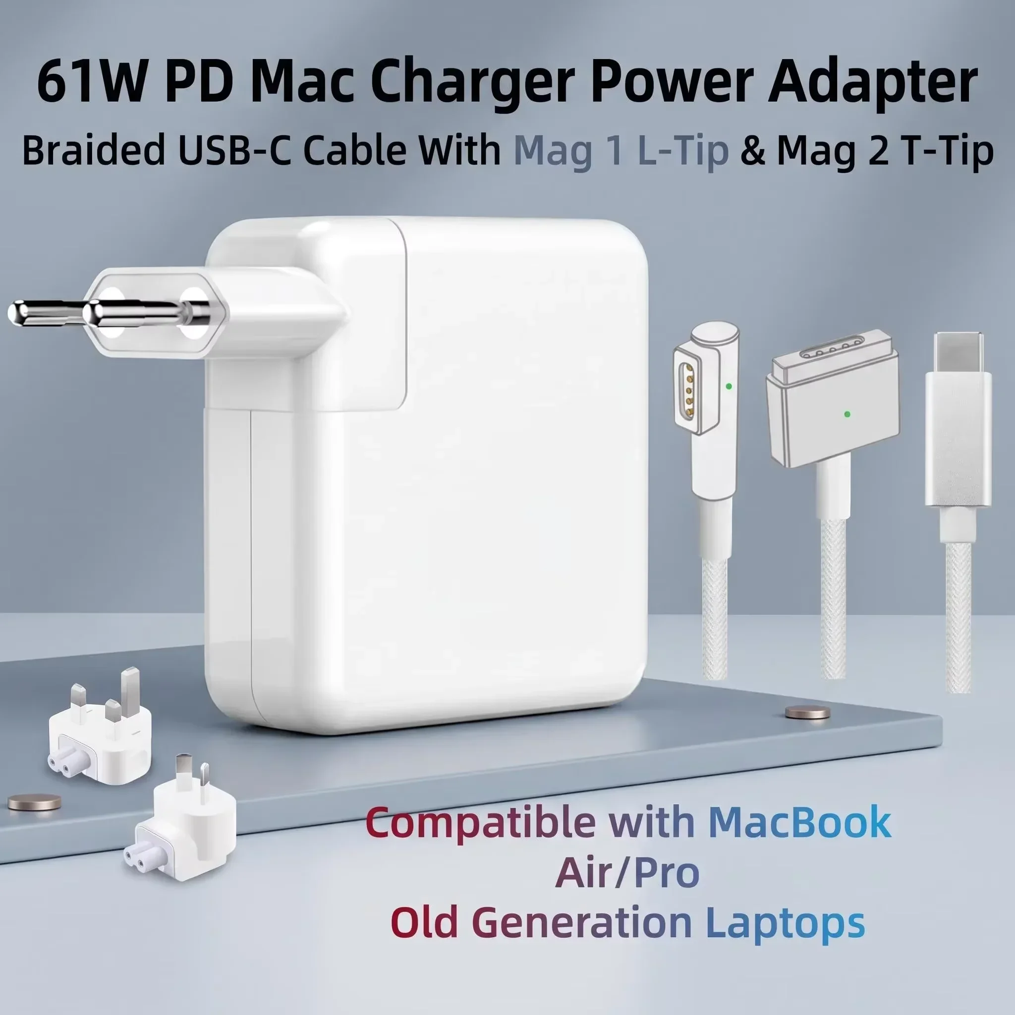 BEISE 61W 87W PD Power Adapter Braided USB‑C Cable Magnetic1 L‑tip Magnetic2 T‑tip for Old MacBook Air Pro 45W 60W 85W Laptops