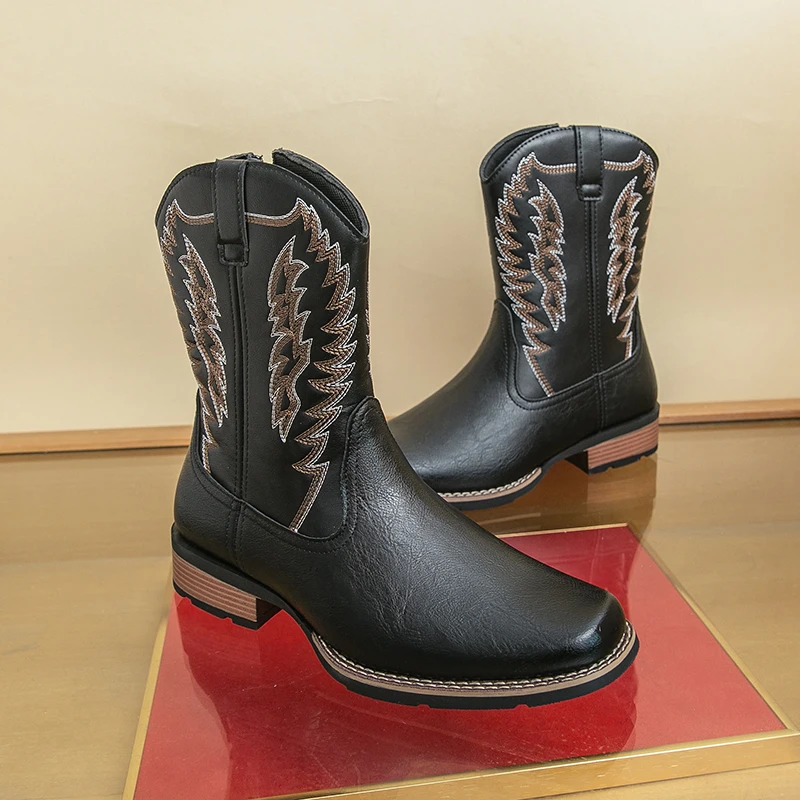 

New Men Knight Boots High Top Embroidered Boots PU Low Heel Deep V Side Zipper Square Toe Men Boots