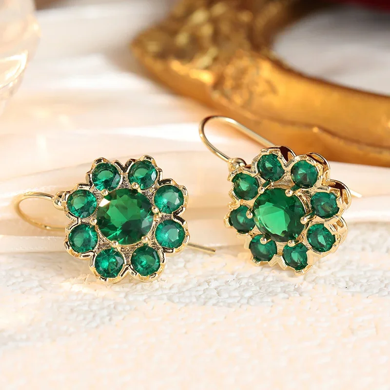 Luxurious Inlay Green Synthetic Zircon Flower Cluster Earrings Party Banquet Elegant Women's Earrings Temperament Jewelry