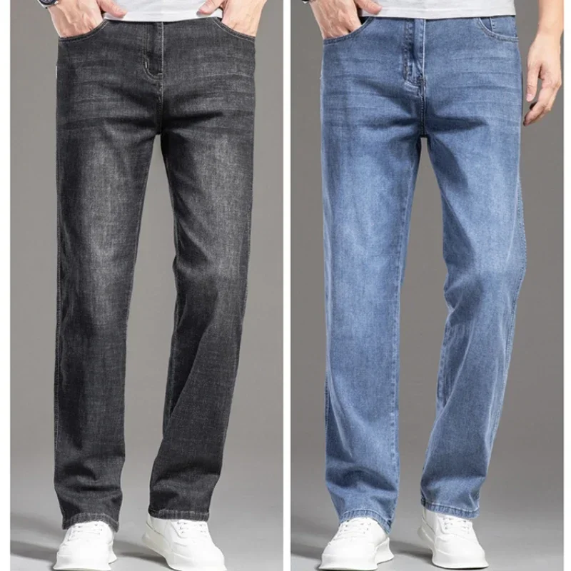 

Spring and Summer Thin Classic Men Brand Jeans Business Casual Stretch Slim Denim Pants Blue Black Pant Trousers Male